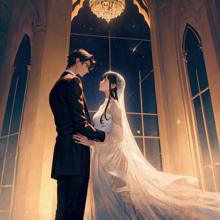 A young man and a young woman are in a grand and noble setting, with high ceilings adorned with constellations. The young woman has hair resembling crystal clear rivers and delicate, almost transparent skin. The young man, with black hair, stands close to her as she gently approaches him. The scene is filled with a sense of tenderness and emotion, set against the backdrop of a majestic and ethereal environment.