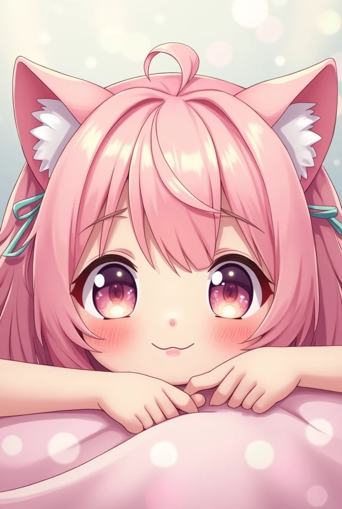 Create a 2d image of a cute neko anime girl smiling with pastel pink hair doing asmr