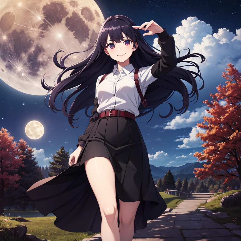 masterpiece, best quality, detailed, 1 Girl, Solitary, night sky, outdoor, Full Moon, Star, cloud, night,,  Dark Sakura, (Black skirt), Long hair, Smile, Red belt, Striped, thigh