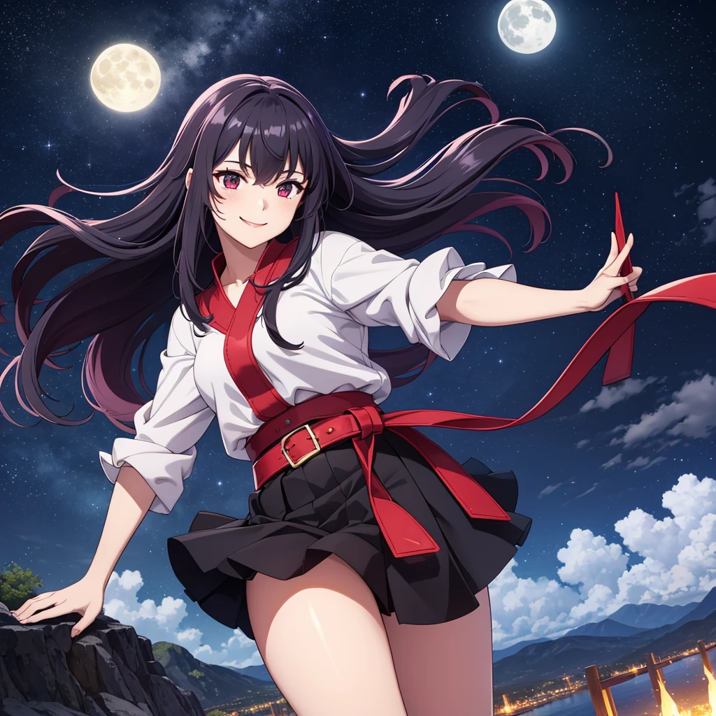 masterpiece, best quality, detailed, 1 Girl, Solitary, night sky, outdoor, Full Moon, Star, cloud, night,,  Dark Sakura, (Black skirt), Long hair, Smile, Red belt, Striped, thigh