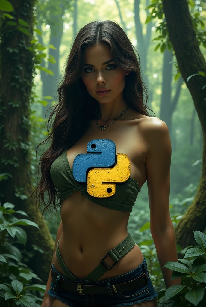 A hot women with python logo in a forest