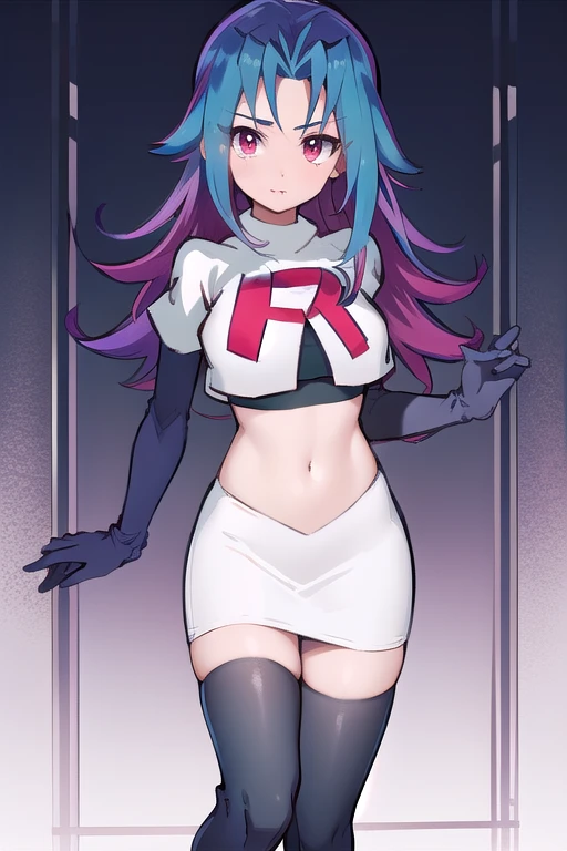 masterpiece, best quality, highres, kr1, multicolored hair, dyed bangs, team rocket,team rocket uniform,white skirt,red letter R,crop top,black thigh-highs,black elbow gloves, cowboy shot,