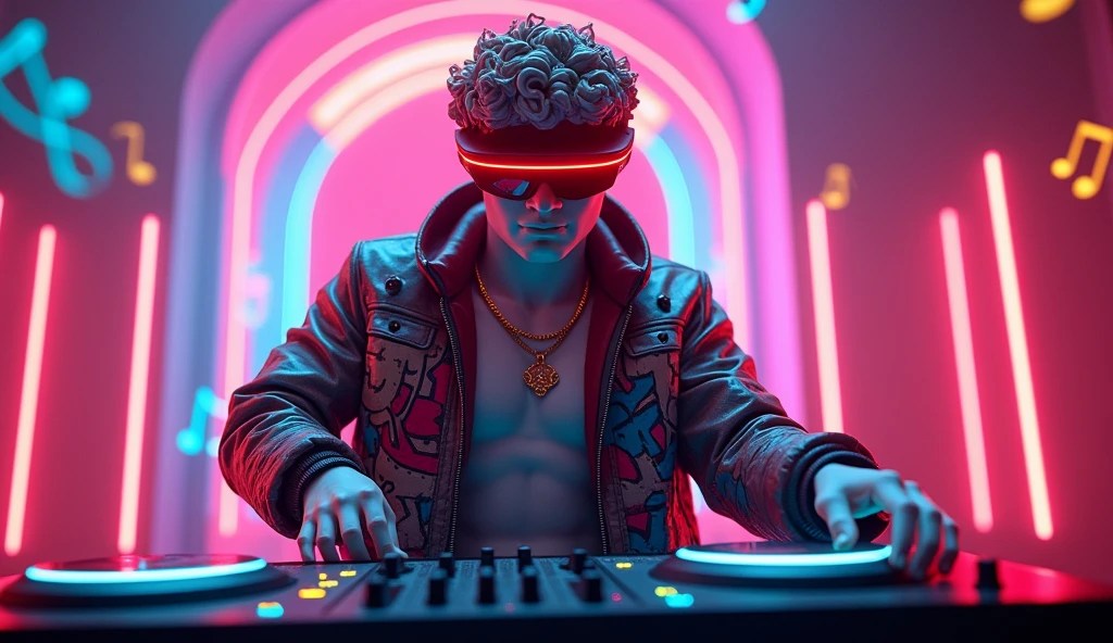 A striking piece of digital art that combines classical Greek sculpture with futuristic cyberpunk elements, reimagining the iconic David as a dynamic and modern DJ. The character is wearing a stylish graffiti jacket, bright red circular headpiece and 3D virtual reality glasses, and is controlling the DJ board with gusto. A glowing neon cigarette in hand adds a surreal touch, and a gold necklace symbolizes the connection between past and present. The setting is a mesmerizing mosaic of neon lights, with the background radiating seven vivid colors from musical notes, creating a space that is both nostalgic and modern. This work skillfully combines traditional art with modern technology, challenging artistic conventions and igniting the imagination.