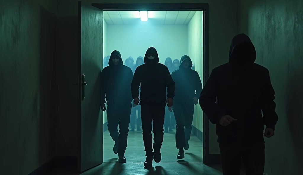 Suddenly, a hidden door opens, and a group of masked figures rushes into the chamber.
