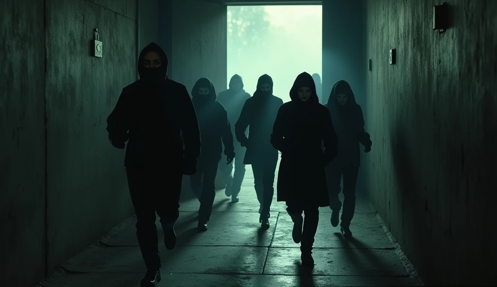 Suddenly, a hidden door opens, and a group of masked figures rushes into the chamber.