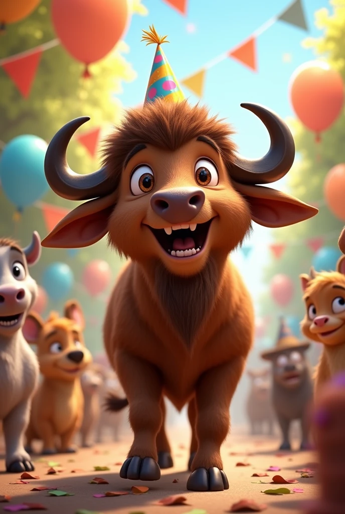 Buffalo celebrating birthday Make it animated like disney pixer a buffalo having party