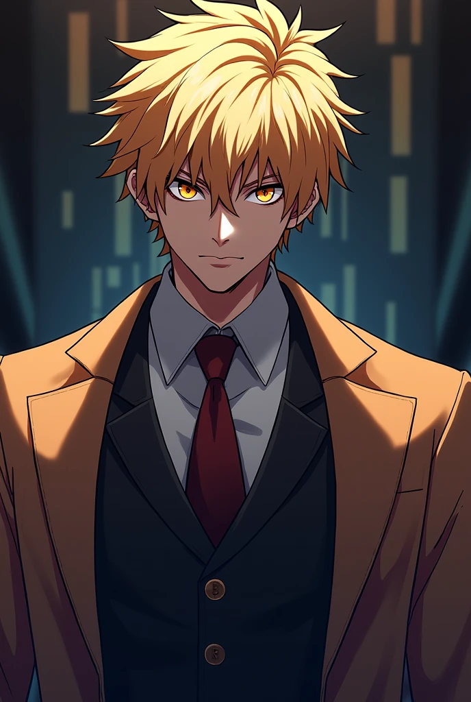 Bill Cipher humanized and attractive, anime style. masculine, expression would be. blond hair, amber eyes, dress suit. more masculine
