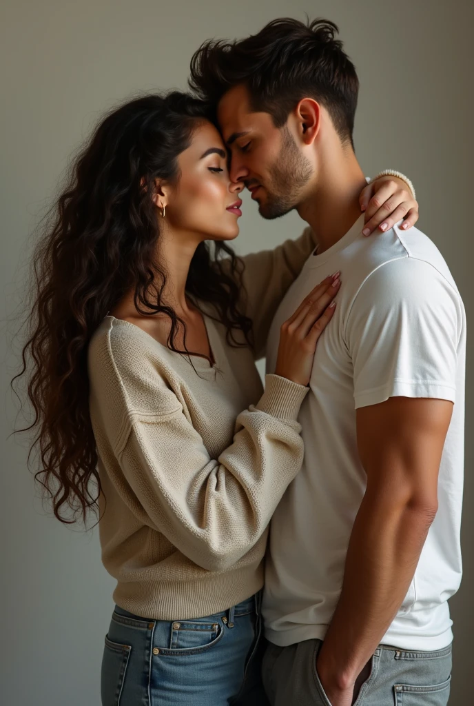 a couple, beautiful intp girl, long curly hair, small chest, wearing a sweater top and jeans pants, a handsome istp men, big muscle, short messy hair, tshirt top, sweatpants