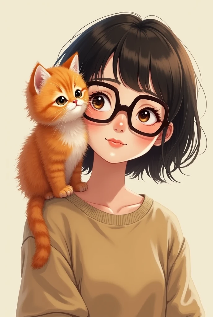 Fluffy orange Persian kitten standing on the shoulder of a teenage short-haired girl wearing glasses portrait