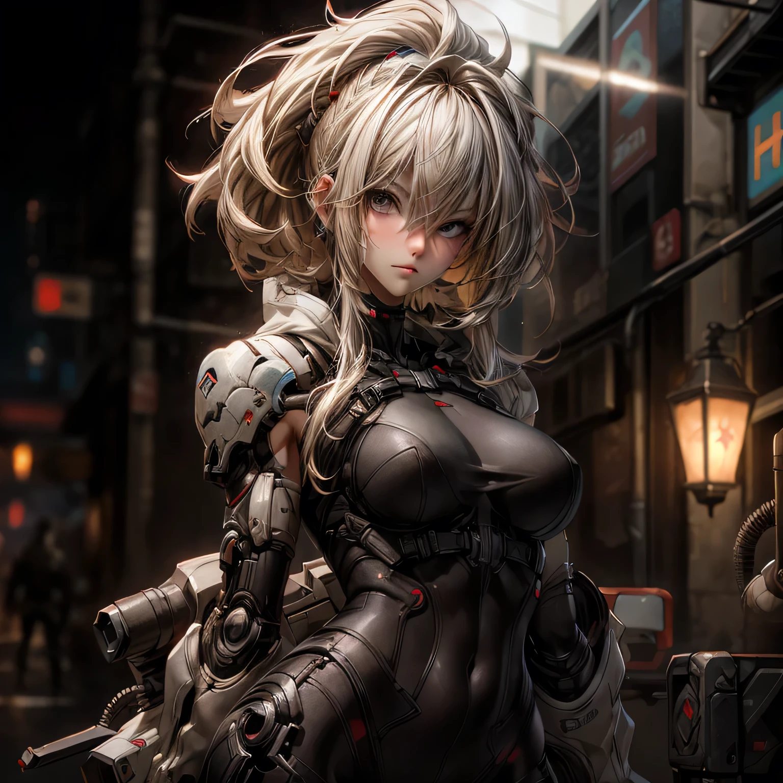 ((best quality)), ((Masterpiece)), (details:1.4), 3d, Image of a beautiful cyberpunk woman., HDR (high dynamic range), mature woman, Hips up, Curtain Bangs, Blonde hair, white eyes, battle suit, Heavy Red armor, PBR surface, After processing, Anisotropic filtration,depth of field, Maximum clarity and clarity, multi-layered surface, perfect proportions, 8K raw files, cyberpunk, at night, ผมหลายชั้น, กระโปรงสั้น, natural lighting, soft lighting, sunlight, หน้าอกใหญ่,