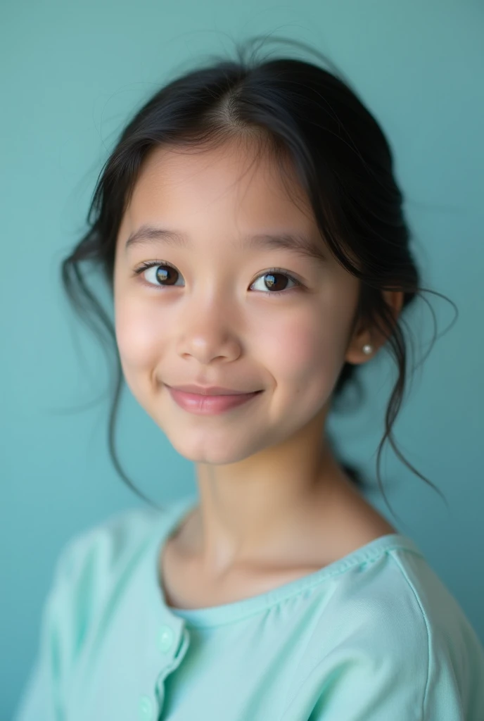 CREATE AN IMAGE OF A  GIRL, FOR THE YEARBOOK PHOTOGRAPHY, AQUAMARINE BLUE BACKGROUND
