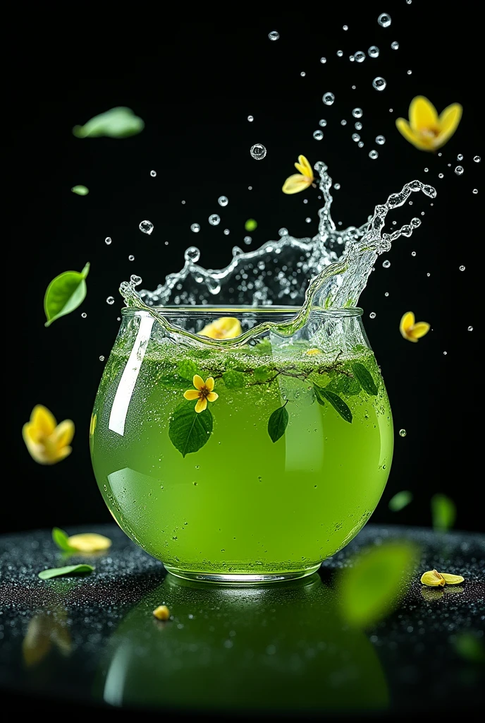 product,(Green tea viewed from above),Top view of the vessel,water surfaceをクローズアップ,water surface,Transparent drops,Overflowing liquid,Clear green tea,Silver edge bowl,Transparency、Sense of luxury,壮大にwater surfaceがスプラッシュ,Black background,Surrounded by leaves and flowers,Leaves flutter,water surfaceが激しくスプラッシュ,steampunk、Light green、It's in a silver bowl,leaves dancing in the air、Japanese tea leaves flying in the air,
Bowl-like vessel、Pottery,Round vessel、Tea Ceremony、Realistic photo,Uplifting,