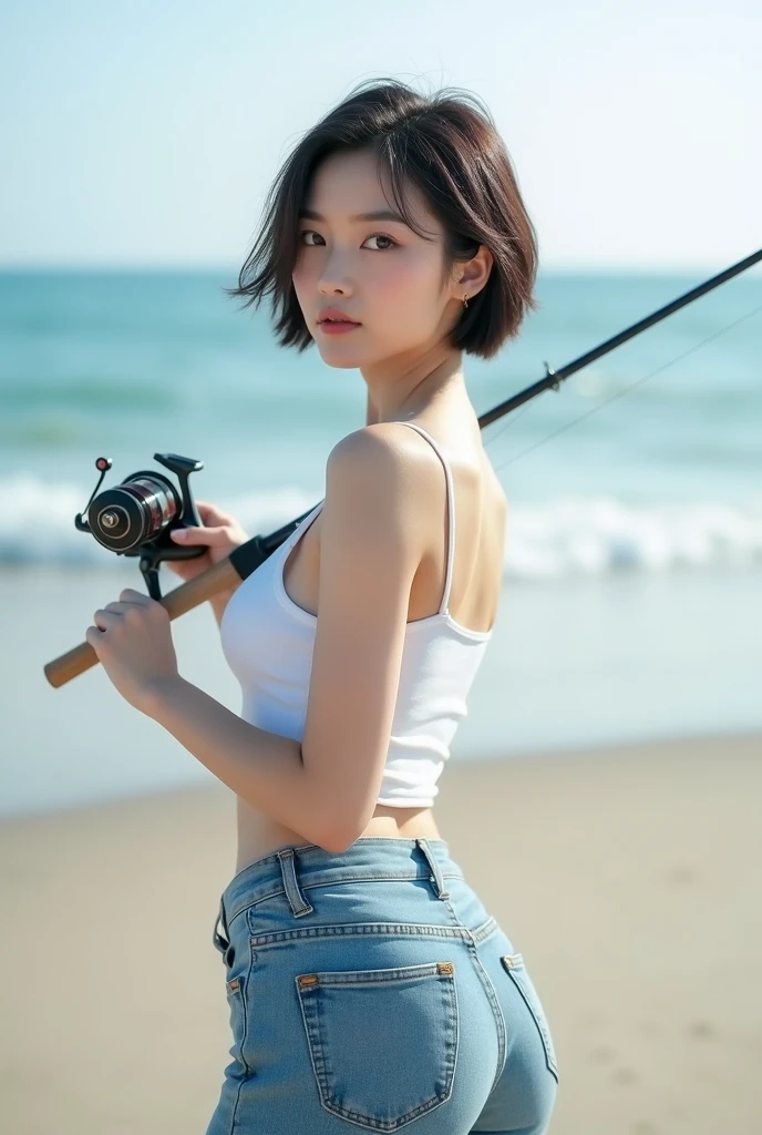Highly realistic 8k photos, Korean woman standing with fishing reel at the beach, Wearing a white sleeveless top and jeans, 매혹적으로 카메라를 face으로 바라보다, A photo showing the whole body, short hair, face