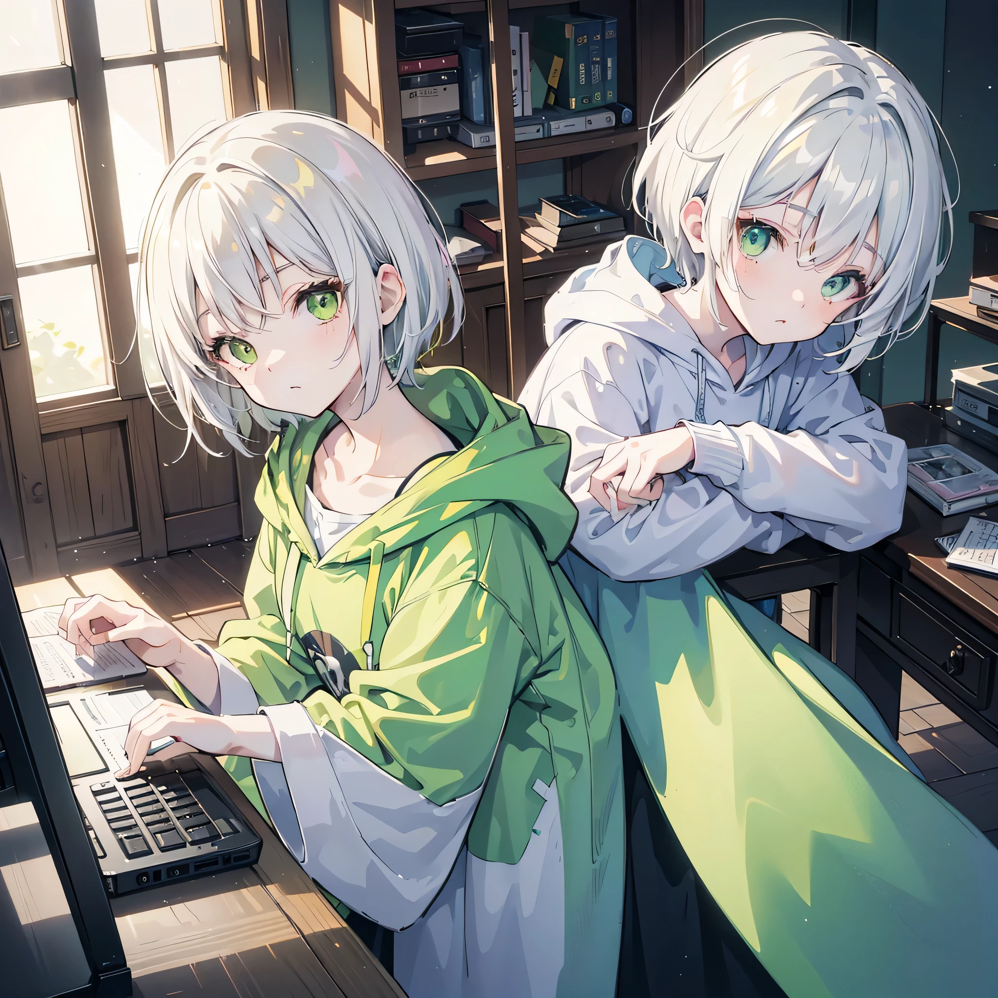 kawaii, anime, Cute, hyper quality, highly detailed, 8k, Clarity, Draw facial expressions in detail, yellow-green eyes, white hair, short hair, highlight on eyes, head holding pose, inside the house, I have a PC, Looks tired, light shines, midnight, dark, inside the house, wearing a hoodie, upward glance,