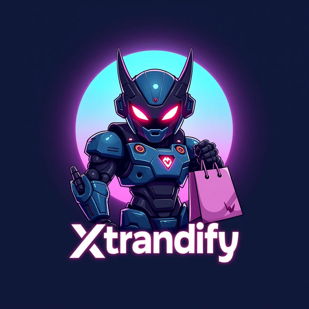 A logo for an e-commerce website called "BIGURILHAS". The logo features a stylized, anime-style robot with glowing red eyes. The robot is holding a shopping bag. The background is a gradient of blue and purple. Below the robot, the text "xtrandify" is written in bold, white letters.