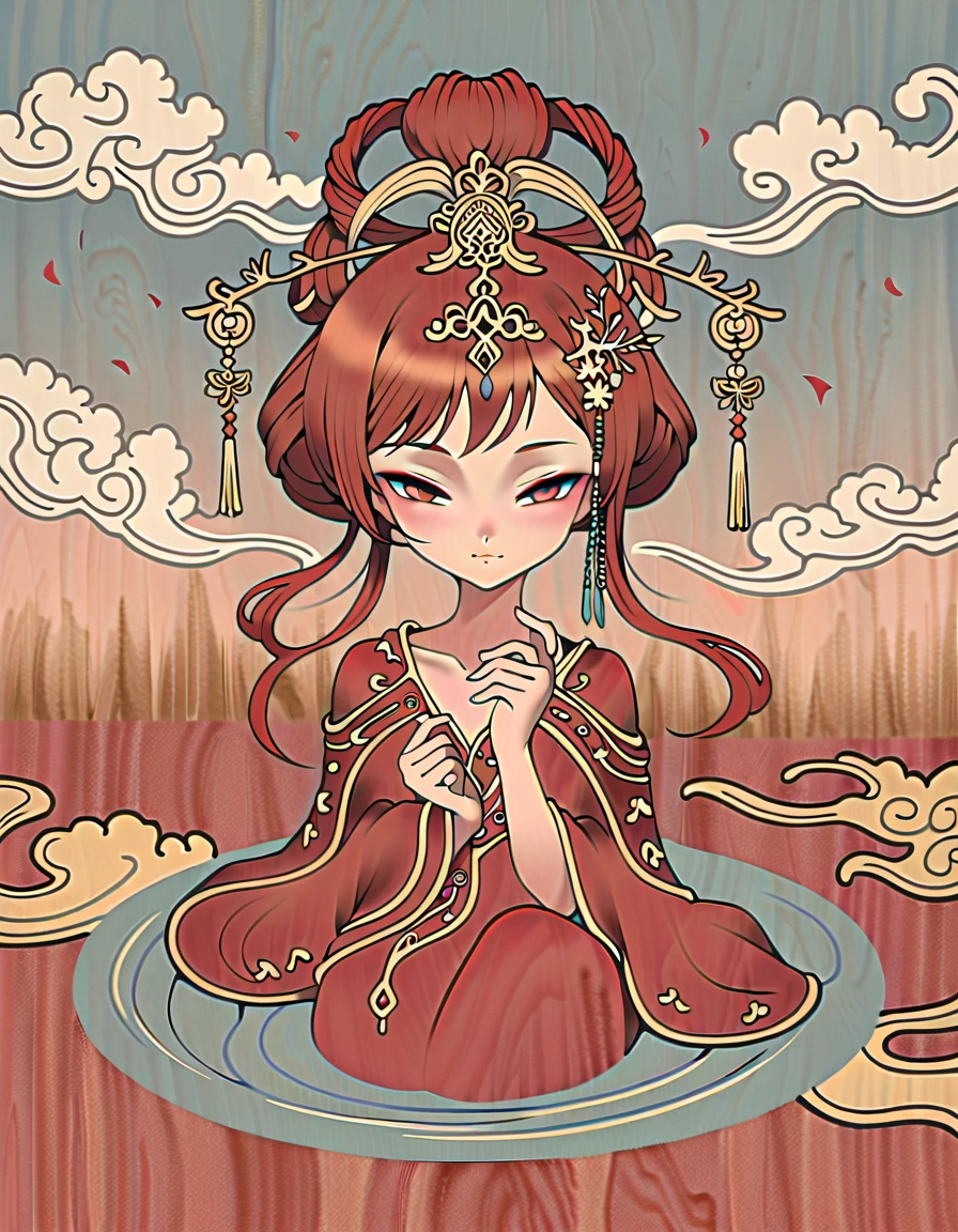 Dunhuang art style illustration,The little monk sits on the hand of Guanyin,Sitting in the ripples of the waves,Extremely delicate brushstrokes, Soft and smooth,Chinese Red and Indigo,The background is covered with auspicious cloud patterns painted with gold foil ,Negi