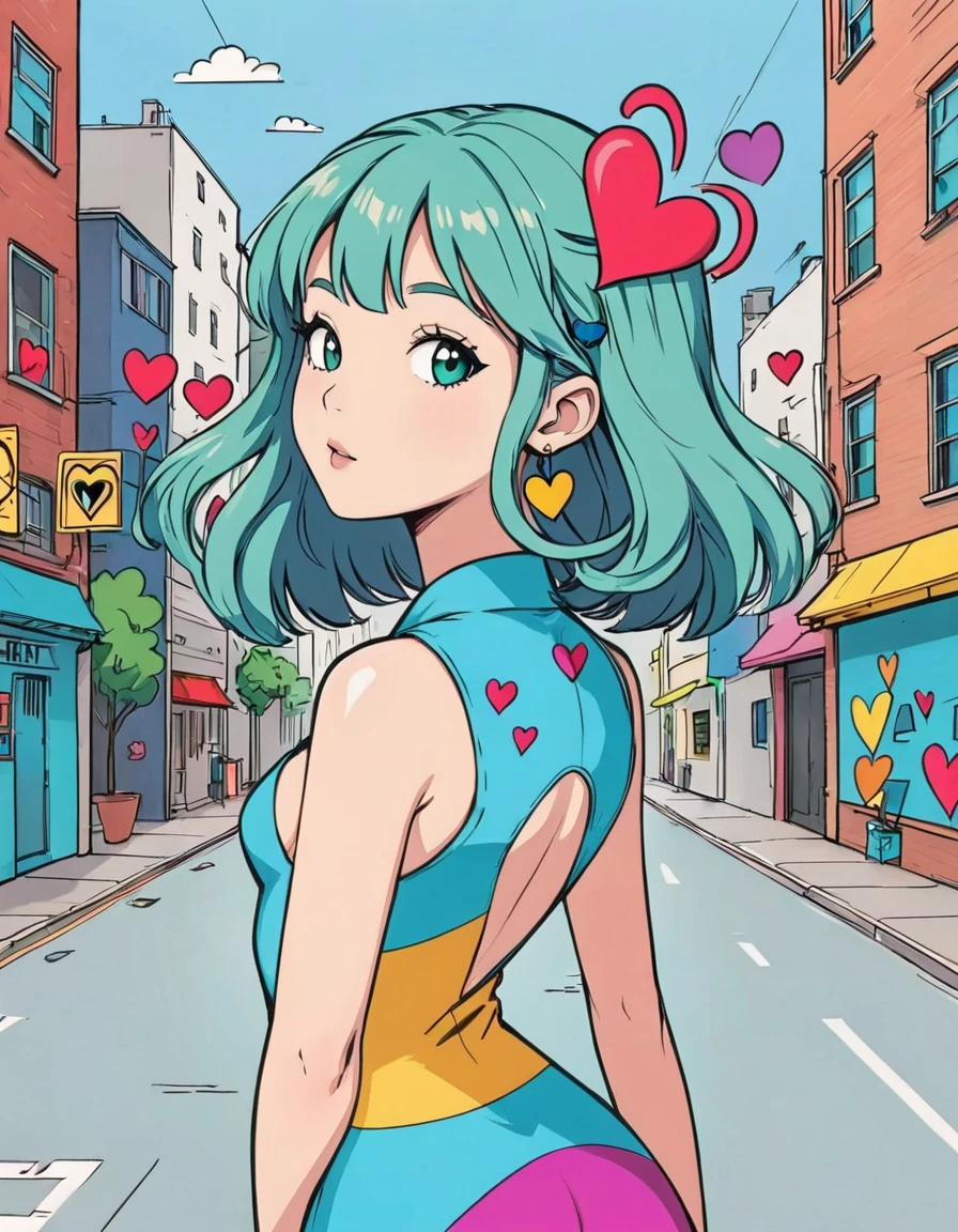 keith haring style, Simple line initials,Abstract art,Urban Background, Colorful Hearts ,(((The most beautiful girl of all time))),