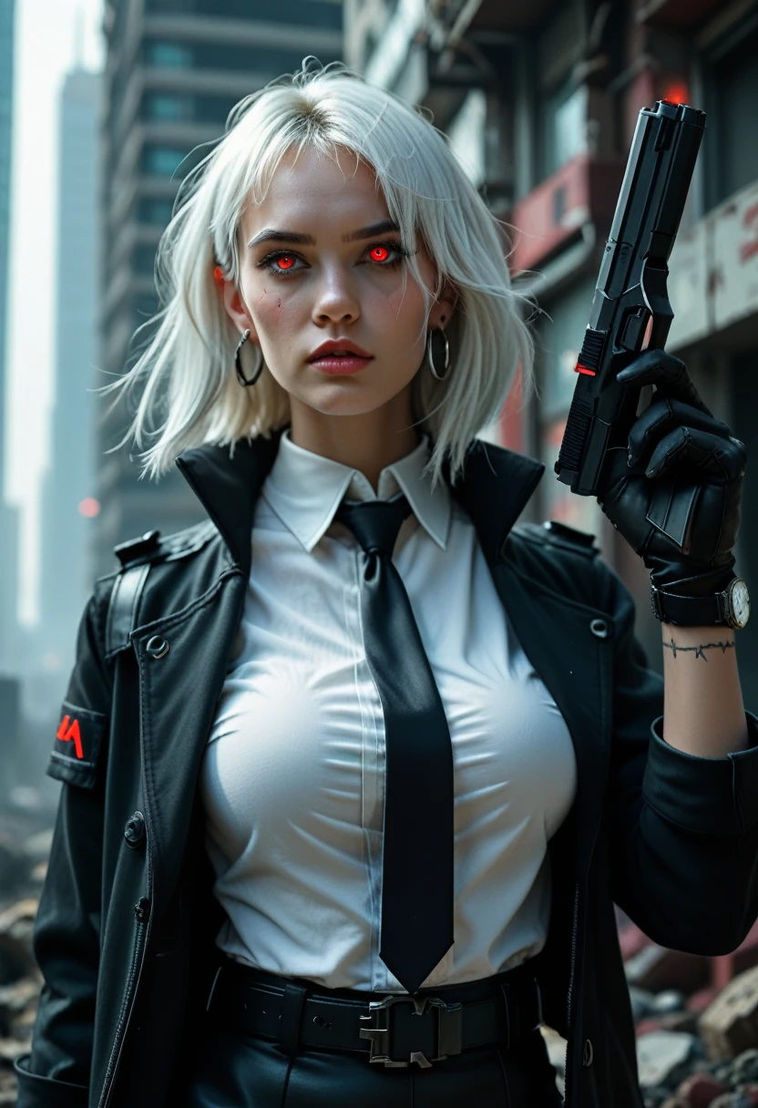 1girl, close up shot, (white hair, medium hair, large breasts, red eyes), perfect anatomy, city, cyberpunk style, ((white shirt, black jacket, black skirt, navel, belt, black gloves, neck tie, wrist watch, earrings, see through black leggings)), ((holding gun)), war, ruined city, battle field, rubble, buildings,cigarette