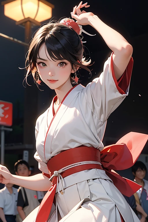 (Japan Bon Odori,最高masterpiece,Highest quality), Hot August,Bright vibrant anime art,People of all ages and genders dance and dance, Let&#39;s dance in yukata,Laughing and dancing, Men and women, let&#39;s dance in a circle, masterpiece,Highest quality,High resolution,