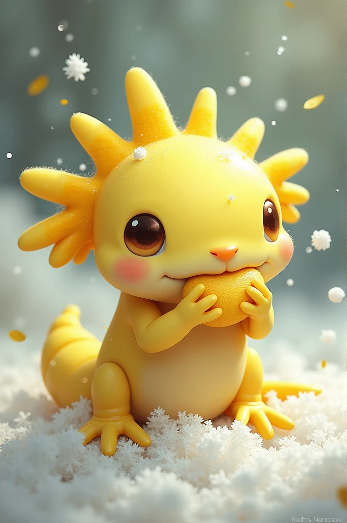 Axolotl eating lemon snow