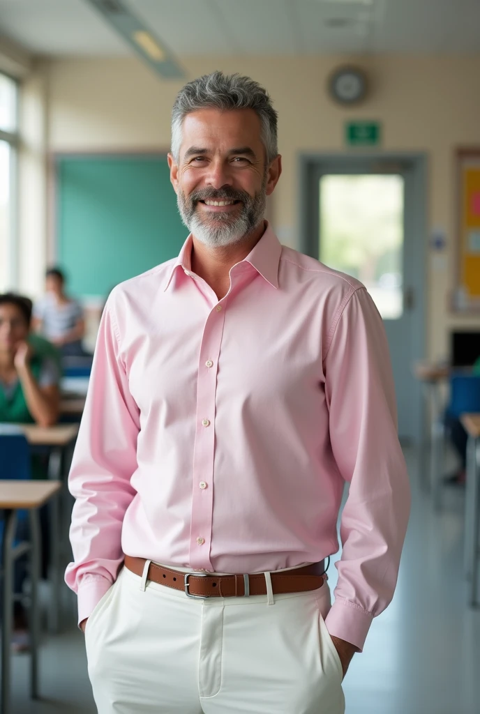 A men who was a yonng and school principal and wearing pink shirt and white pent and has beard
