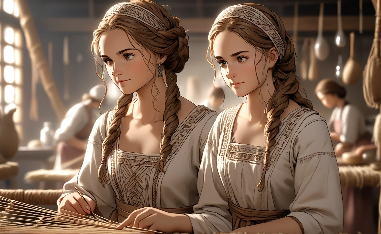 1 beautiful young woman, 1girl, Jane Foster, 2, detailed face, detailed eyes, detailed lips, curly brown hair in bun, bright brown eyes, long-sleeved linen dress, apron, headscarf, holding silver needle and thread, standing in front of small loom, high quality, 8k, extremely detailed, intricate details, masterpiece, studio lighting, natural lighting, seamless, beautiful portrait, realism, soft warm colors