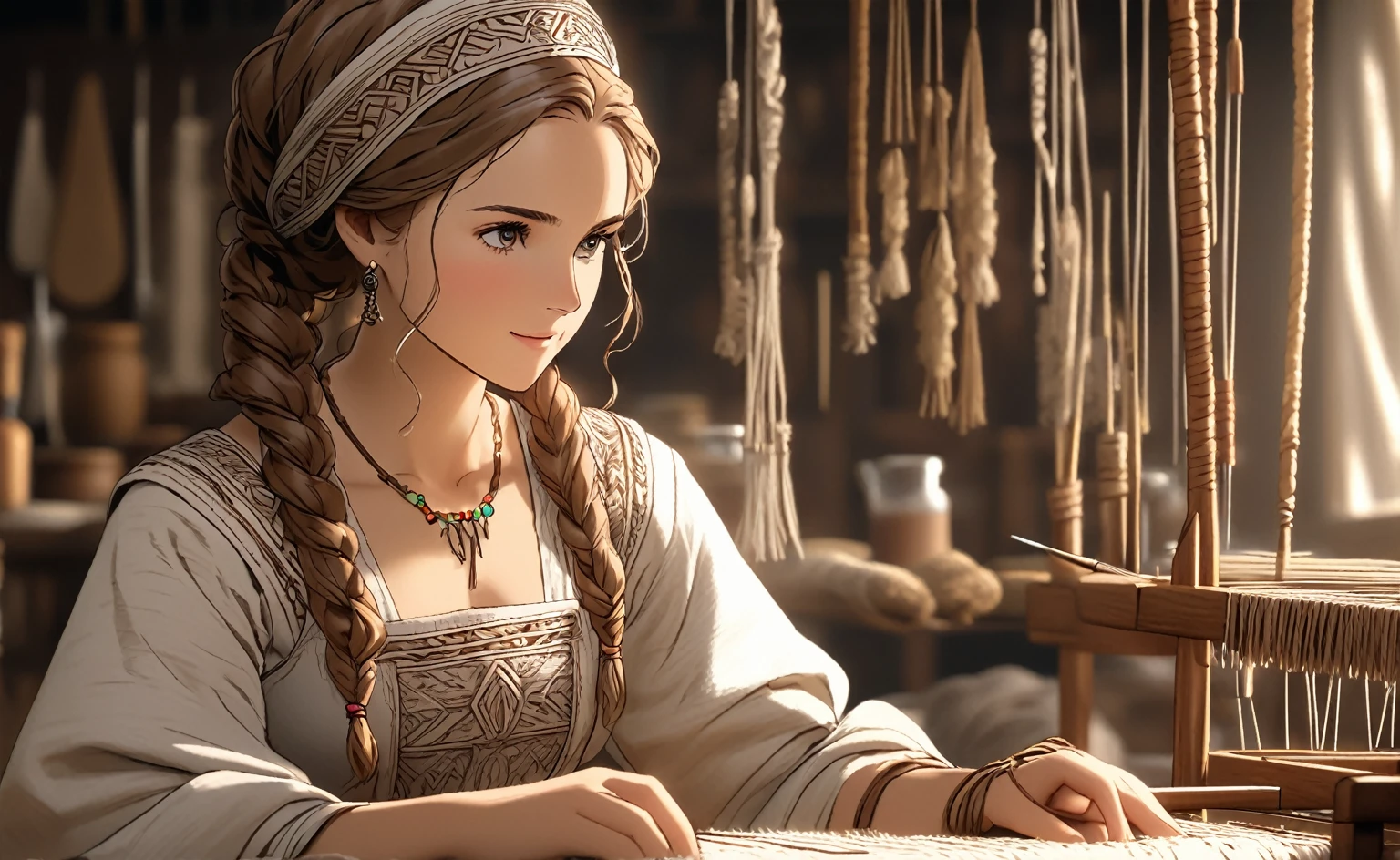 1 beautiful young woman, 1girl, Jane Foster, 2, detailed face, detailed eyes, detailed lips, curly brown hair in bun, bright brown eyes, long-sleeved linen dress, apron, headscarf, holding silver needle and thread, standing in front of small loom, high quality, 8k, extremely detailed, intricate details, masterpiece, studio lighting, natural lighting, seamless, beautiful portrait, realism, soft warm colors