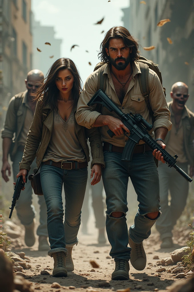 Create a couple, with weapons The woman with brown skin long black hair, The tall man, and those surviving the zombie attack