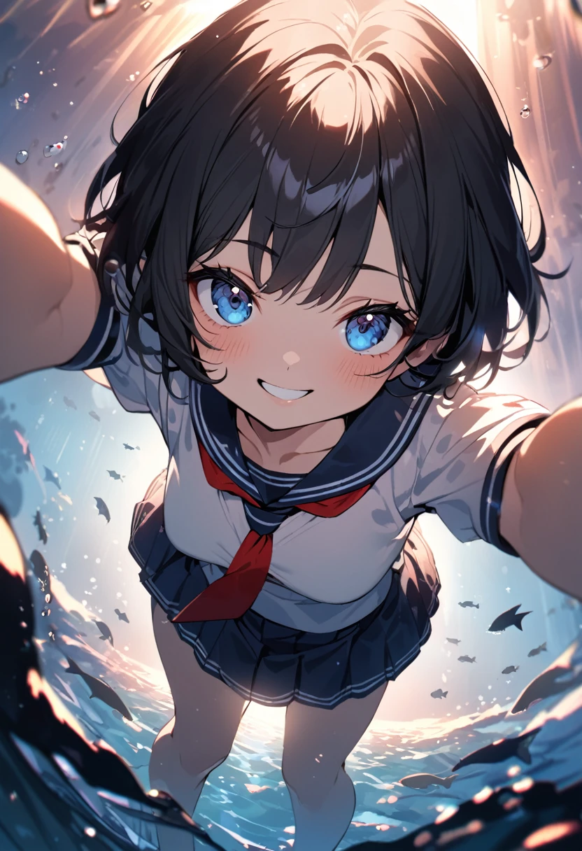 under the sea, waving at the camera, evil smiling, looking at viewer, at dawn, sunrise, pinhole camera, wide-angle lens, dramatic lighting, soft lighting, best quality, very aesthetic, absurdres, ((1 girl)), ((soro)), black hair, short hair, medium breasts, baby face, cute, blue eyes, smile, no background, Sailor suit,short sleeve, Japanese student, dark blue collar, red tie, white clothes, dark blue skirt , shallow depth of field, extreme long shot,