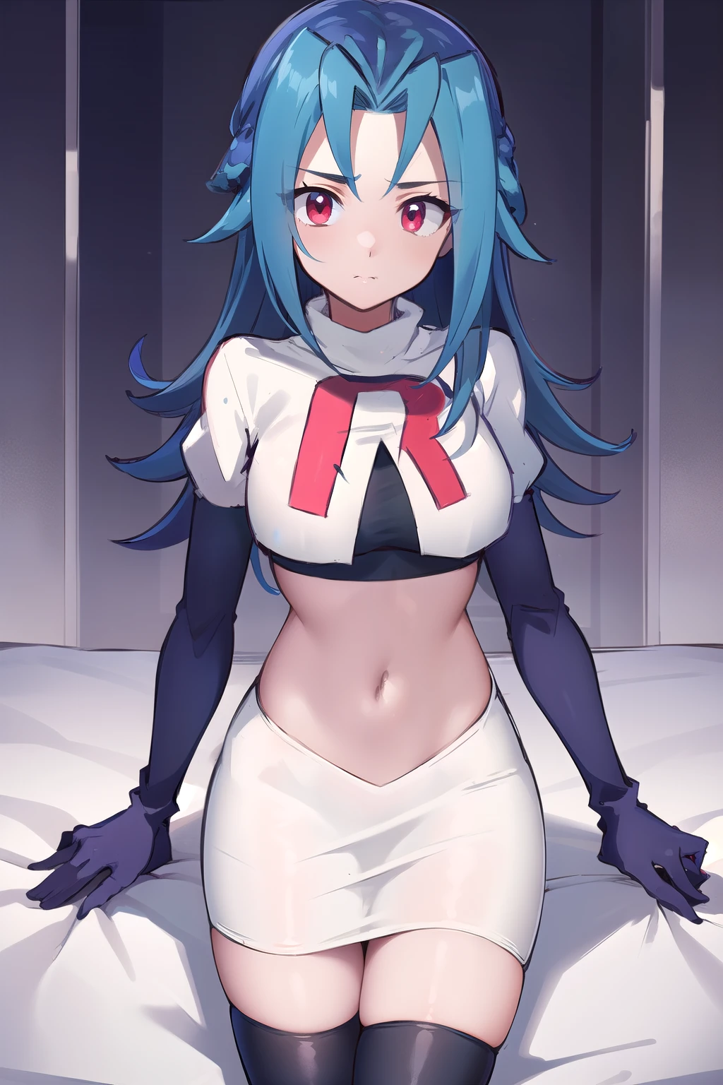 masterpiece, best quality, highres, kr1, multicolored hair, dyed bangs, team rocket,team rocket uniform,white skirt,red letter R,crop top,black thigh-highs,black elbow gloves, cowboy shot,