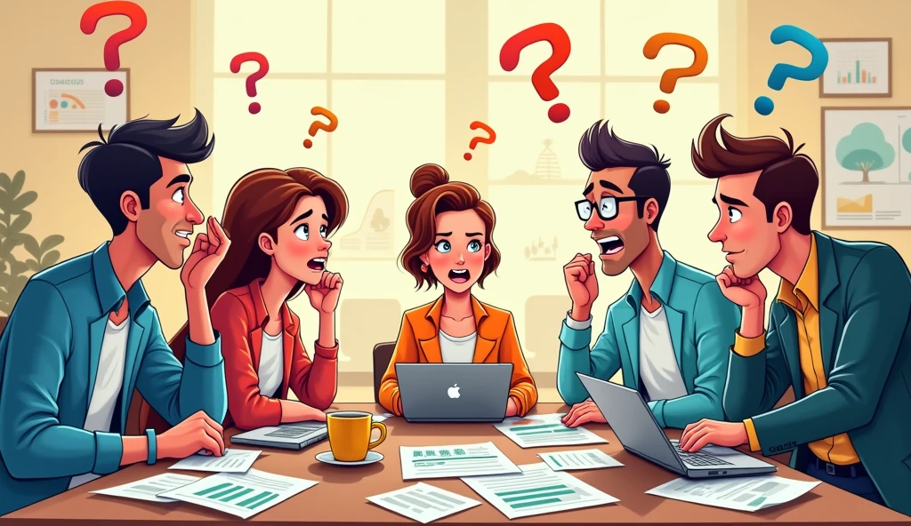 Create a cartoon-style image of a marketing team looking confused because they don't understand the information they are receiving.