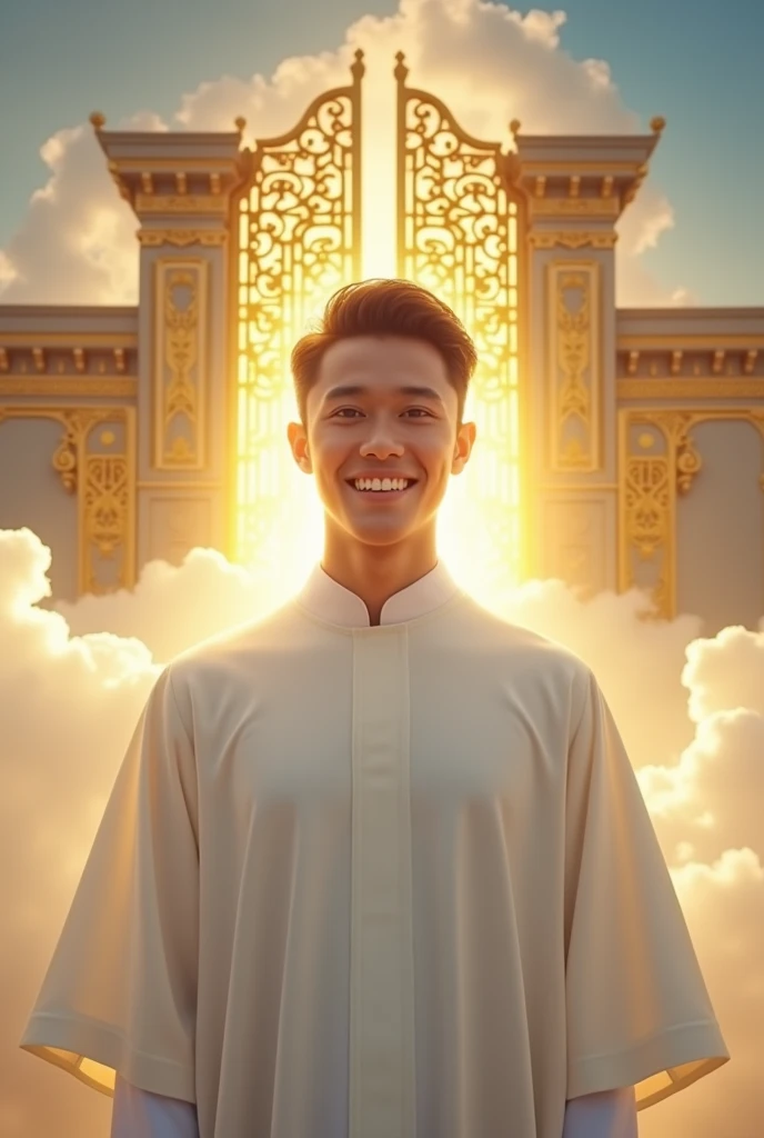 Make me a photo of an Indonesian man in his 20s wearing a Catholic white robe, with the background of 2 golden gates of heaven above the clouds, very realistic, photo taken using a Nikon camera, his face smiling looking at the camera, His entire face robed shining like the sun