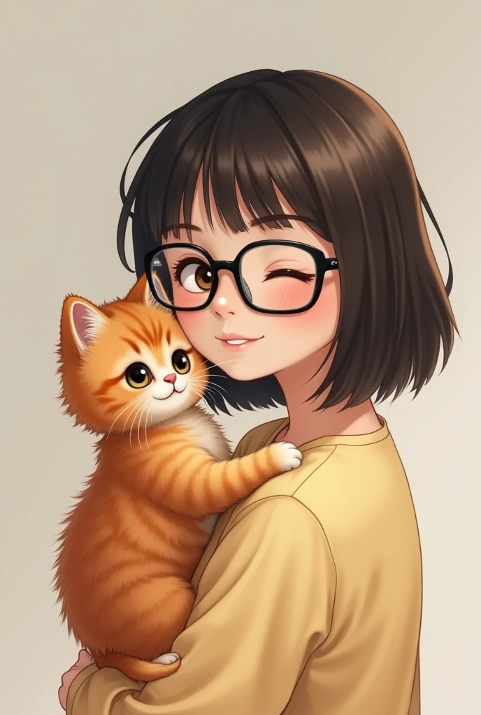 Fluffy orange Persian kitten standing on the shoulder of a age short-haired girl wearing glasses portrait