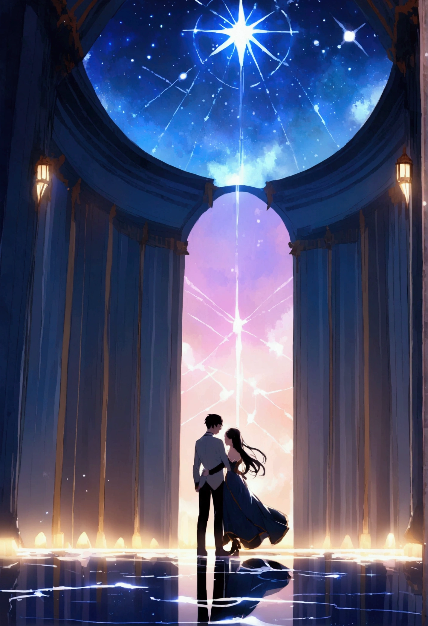 A young man and a young woman are in a grand and noble setting, with high ceilings adorned with constellations. The young woman has hair resembling crystal clear rivers and delicate, almost transparent skin. The young man, with black hair, stands close to her as she gently approaches him. The scene is filled with a sense of tenderness and emotion, set against the backdrop of a majestic and ethereal environment.
