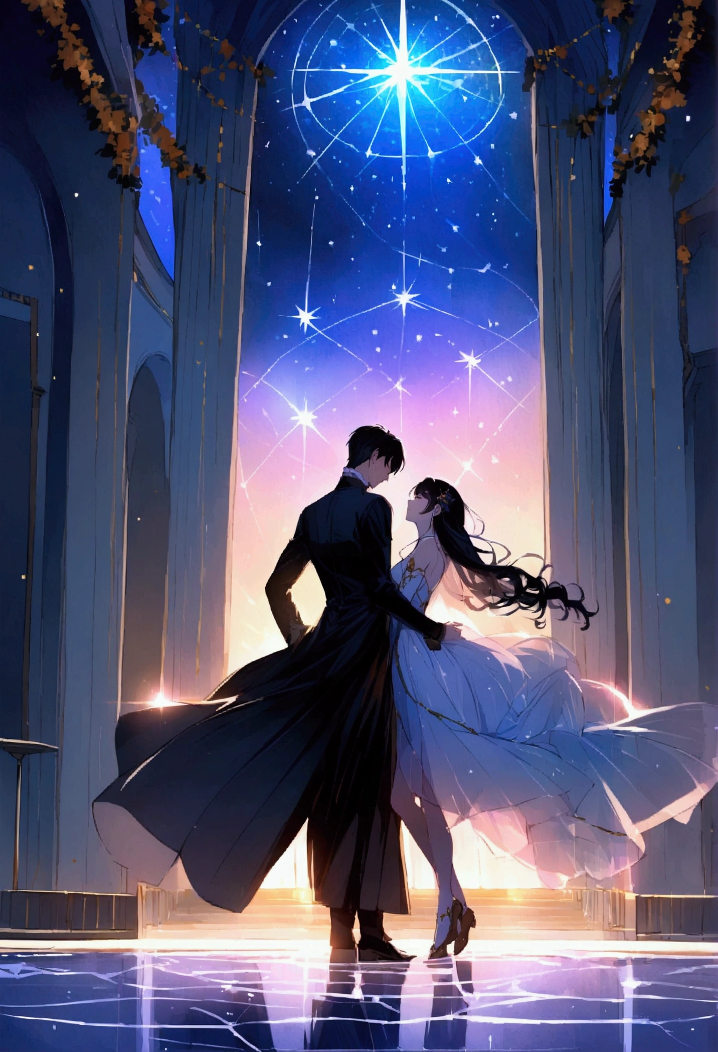 A young man and a young woman are in a grand and noble setting, with high ceilings adorned with constellations. The young woman has hair resembling crystal clear rivers and delicate, almost transparent skin. The young man, with black hair, stands close to her as she gently approaches him. The scene is filled with a sense of tenderness and emotion, set against the backdrop of a majestic and ethereal environment.