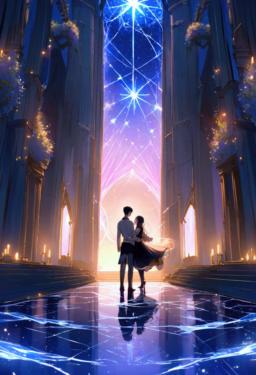 A young man and a young woman are in a grand and noble setting, with high ceilings adorned with constellations. The young woman has hair resembling crystal clear rivers and delicate, almost transparent skin. The young man, with black hair, stands close to her as she gently approaches him. The scene is filled with a sense of tenderness and emotion, set against the backdrop of a majestic and ethereal environment.