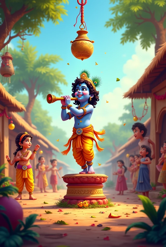 Prepare a poster of Shri Krishna Janmashtami in which Krishna is breaking the pot of a pot. To post on WhatsApp with my business name