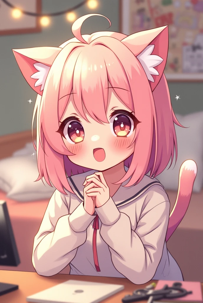 Create a 2d image of a super happy smiling anime neko girl with pink hair doing asmr