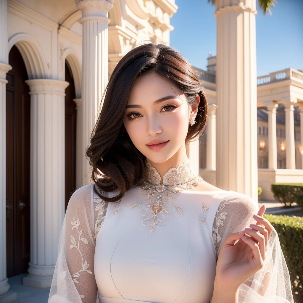 1girl, beautiful young woman, royal bride outfit, detailed face, alluring eyes, full lips, outdoor setting, selfie, soft lighting, warm colors, (best quality,4k,8k,highres,masterpiece:1.2),ultra-detailed,(realistic,photorealistic,photo-realistic:1.37),cinematic,beautiful detailed eyes,beautiful detailed lips,extremely detailed face and eyes,long eyelashes,intricate clothing textures,elegant posing,warm smile,romantic atmosphere