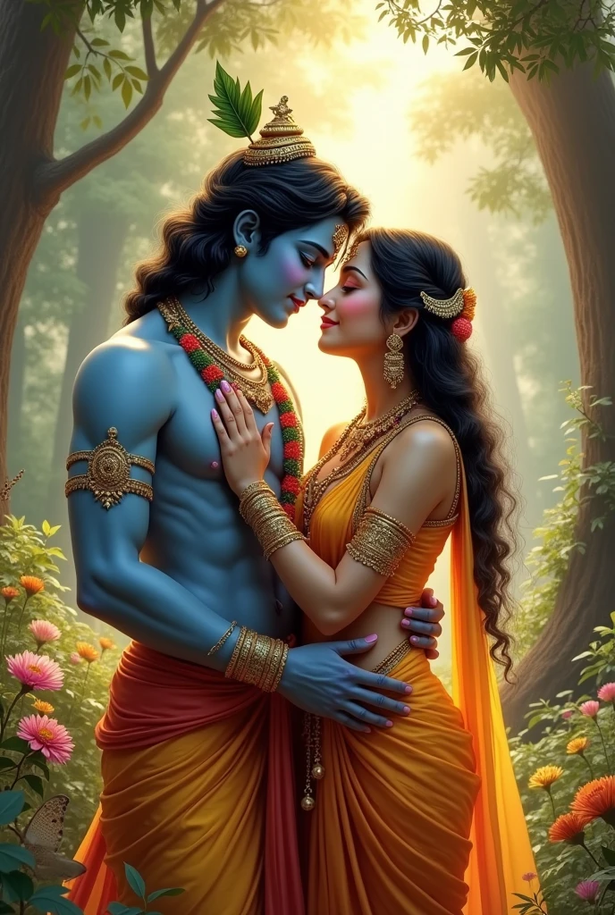 Lord krishna with Radha Rani having makhan