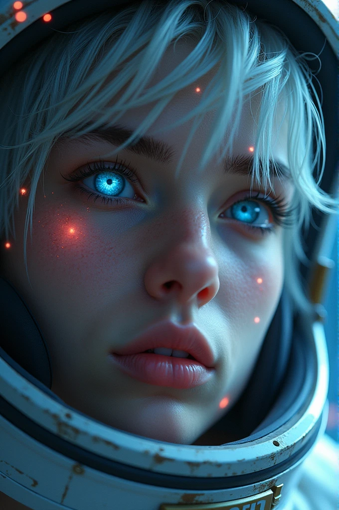 (Close-up of a better masterpiece:1.5)0.9], (Space and astronauts:1.2) (Messy silver hair:1.1) (Heterochromia xanthochromia and blue eyes:1.2) (Space Helmet:1.0) (Colored stars in the eyes:1.0) (A radiant glow:1.1) (thick lips:0.9)