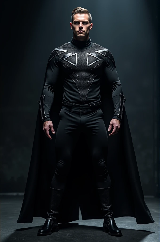 Clothing for a man to be a singer, a Catwoman style but for men with black leather boots, cape, tight pants with the torso covered with an elaborate and tight-fitting sweatshirt