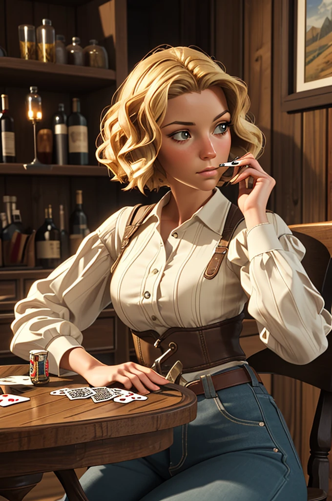 beautiful detailed eyes, beautiful detailed lips, extremely detailed eyes and face, longeyelashes, 1 girl, short blonde hair, cowboy, saloon, old west, sitting, smoking pipe, table with whisky, piano, 6 bullet revolver, barrel, playing cards, dust, (best quality,4k,8k,highres,masterpiece:1.2),ultra-detailed,(realistic,photorealistic,photo-realistic:1.37),concept art, photorealistic, dramatic lighting, warm color palette, cinematic composition