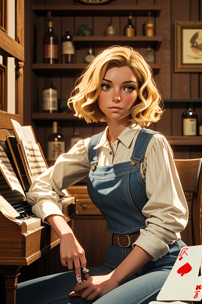 Short Haired Female Cowboy in a Saloon in the Old West,Blonde,Sitting,Smoking Pipe,Table Wisky,Piano,6 Bullet Revolver,Barrel,Table,Playing Cards,Dust,Artwork,3D,4K,Detailed,Realistic