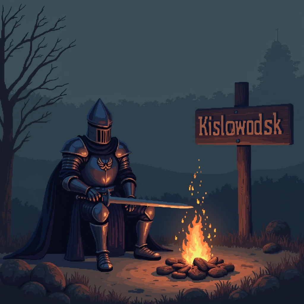 Very early in the morning near the sign with the inscription"Kislovodsk",knight in dark medium-heavy armor and helmet with long sword in both hands sits by fire in pixel art