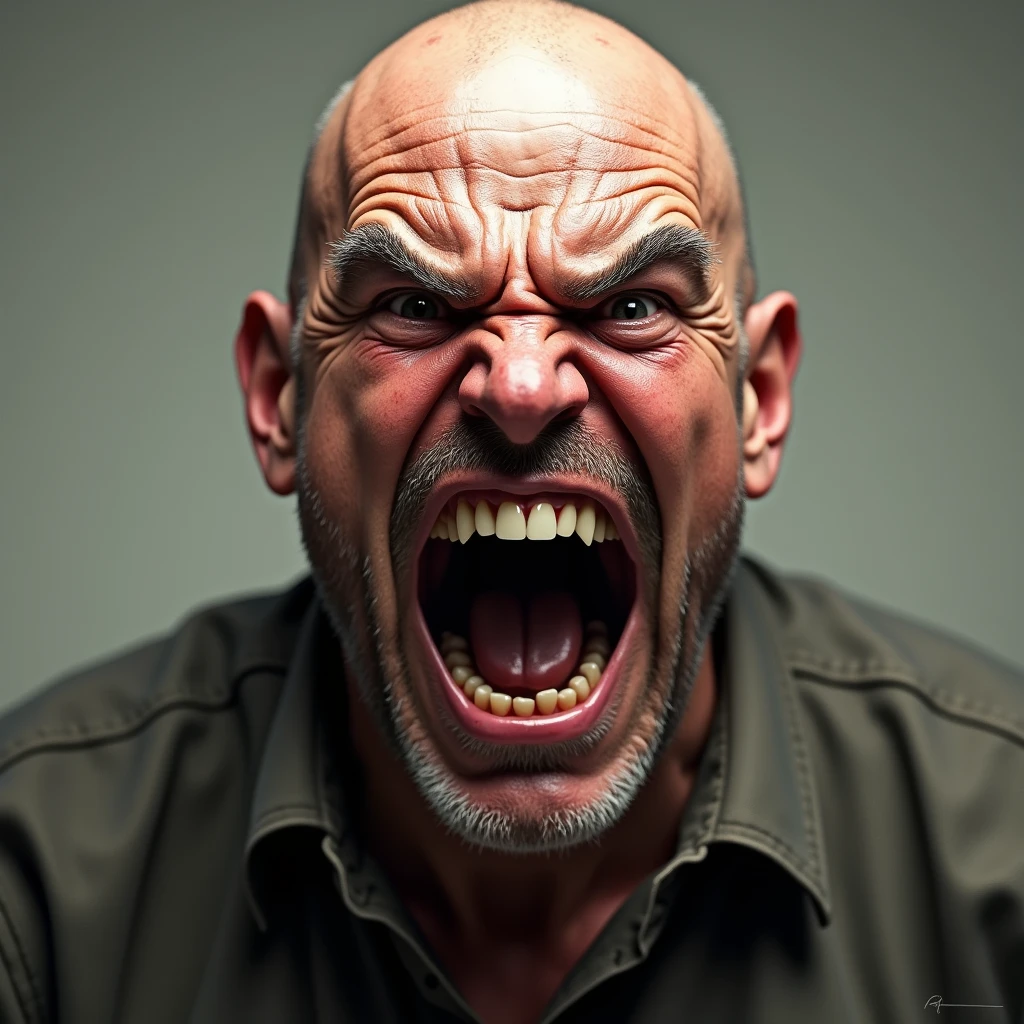 Bald man，blush，anger，Roar