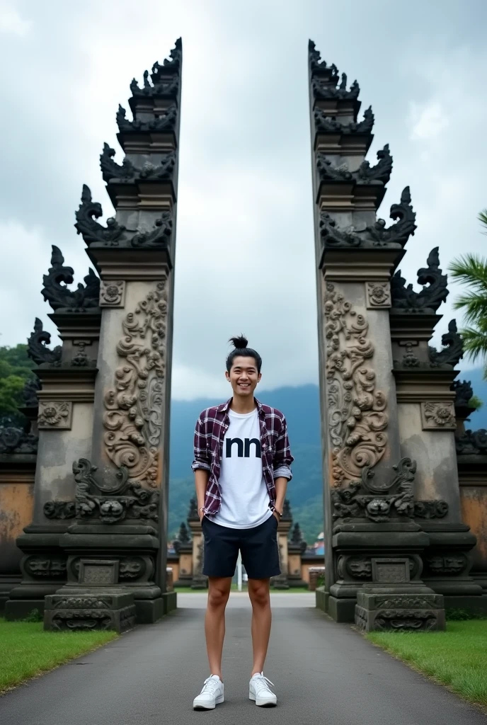 Korean man with man bun hair wearing flannel shirt, white T-shirt with "NN" print, casual shorts, sneakers, standing in front of a large, ornate stone gate, known as Candi Bentar, part of a temple complex. The gate towers high on both sides, backed by blue mountains, featuring intricate carvings and traditional Balinese architecture. The surrounding scenery is calm, highlighting the dramatic clouds and buildings, the background is a place in Bali called the "gate of heaven" in the Lempuyang area of Bali, smiling at the camera