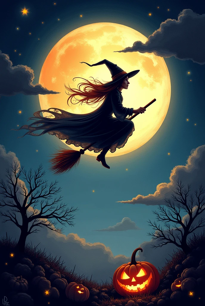Halloween party invitation and in the back a witch flying the moon