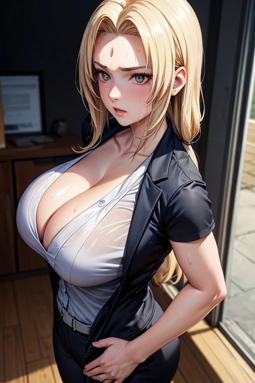 masterpiece, Highest quality, (Unreal Engine), reality, Super Resolution, Very detailed, Complex, colorful, Clear images, Sharp focus, Digital Blending,
One Woman, Senju Tsunade, Tsunade, Mark on the forehead, Big Breasts, Saggy breasts, Butt, Perfect Eyes, Perfect Face, Ultra detailed hair, Ultra detailed face, Very detailed lips, Vivid expression, Healthy Body, Beautifully detailed sweat glands, Smooth skin texture, Carefully drawn,
((humidity:1.2), Sticky with sweat), (Wear a tight business suit,Bold sexy pose),
indoor, Working in the city, (Shot on Sony α9, Dynamic Angle), Browsing Caution,
