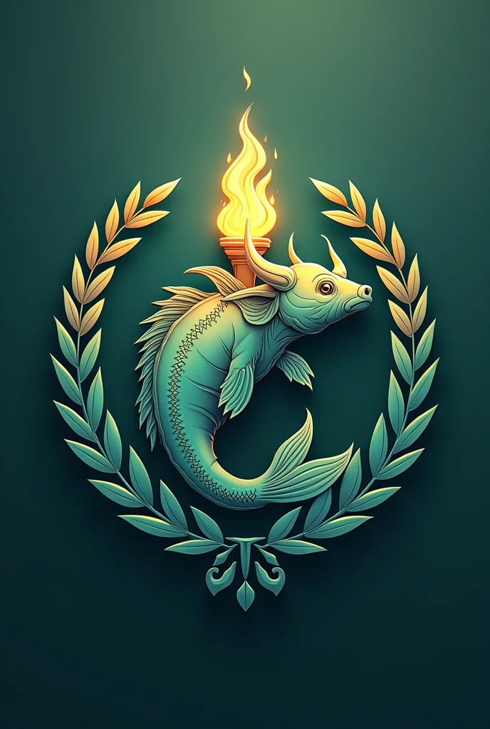 Design a logo featuring a unique combination of a fish and a water buffalo, adorned with a torch and laurel elements. Incorporate shades of green and blue to convey a sense of harmony and tranquility. Be creative and innovative in showcasing the fusion of these symbols to symbolize strength, power, and growth.